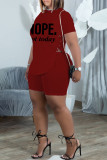 Fashion Casual Letter Print Bandage Slit O Neck Short Sleeve Two Pieces