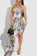 Fashion Sexy Print Bandage Backless Spaghetti Strap Irregular Dress