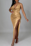 Elegant Solid Patchwork Asymmetrical Halter Dresses