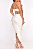 Sexy Solid Hollowed Out Patchwork Slit Fold Strapless Pencil Skirt Dresses