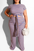 Fashion Casual Striped Print Bandage O Neck Plus Size Two Pieces