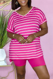Fashion Casual Striped Print Basic V Neck Short Sleeve Two Pieces