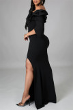 Fashion Sexy Solid Patchwork Slit Off the Shoulder Evening Dress