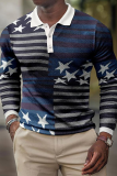 Fashion Casual Striped The stars Patchwork Buckle POLO collar Tops