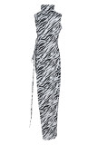 Fashion Sexy Print Slit Asymmetrical Turtleneck Sleeveless Dress