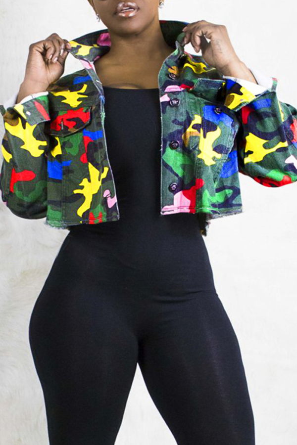 Casual Camouflage Print Patchwork Turndown Collar Outerwear