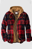 Casual Plaid Print Patchwork Buckle Zipper Hooded Collar Outerwear