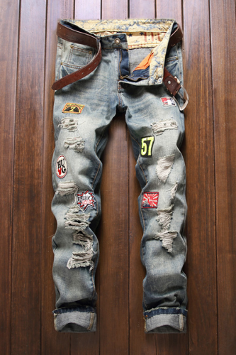 Street Patchwork Hollowed Out Make Old Bottoms (Without Belt)