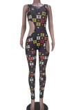 Sexy Print Hollowed Out Patchwork O Neck Regular Jumpsuits