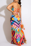 Sexy Print Patchwork Backless Slit Strapless Straight Dresses