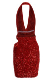 Fashion Sexy Patchwork Hollowed Out Sequins Backless Halter Sleeveless Dress