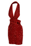 Fashion Sexy Patchwork Hollowed Out Sequins Backless Halter Sleeveless Dress