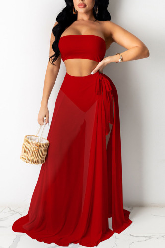 Sexy Solid Patchwork Slit Strapless Sleeveless Three Pieces