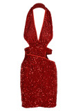 Fashion Sexy Patchwork Hollowed Out Sequins Backless Halter Sleeveless Dress