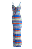 Sexy Print Hollowed Out Patchwork Slit Spaghetti Strap Sling Dress Dresses