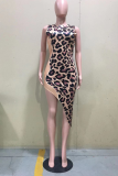 Sexy Leopard Patchwork O Neck Irregular Dress Dresses