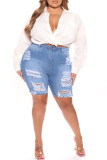 Fashion Casual Solid Ripped Regular High Waist Conventional Solid Color Plus Size Denim Shorts
