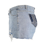 Fashion Casual Solid Ripped Patchwork Regular High Waist Conventional Solid Color Plus Size Denim Shorts