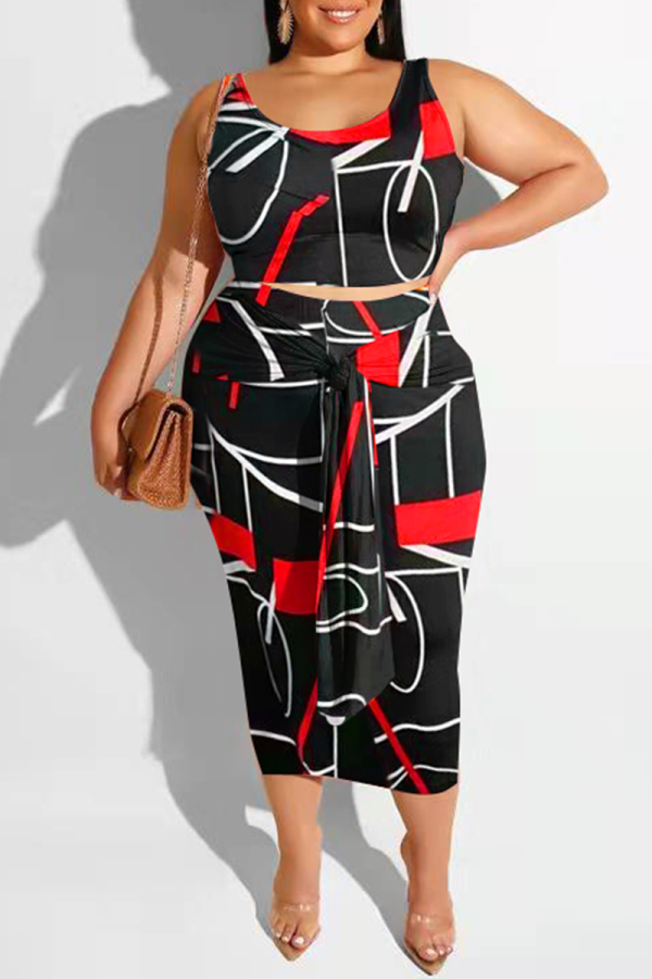 Sexy Print Patchwork O Neck Pencil Skirt Plus Size Two Pieces