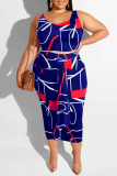 Sexy Print Patchwork O Neck Pencil Skirt Plus Size Two Pieces