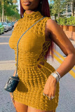 Sexy Solid Bandage Hollowed Out Patchwork Half A Turtleneck Pencil Skirt Dresses
