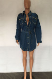 Casual Solid Rivets Patchwork Buckle With Belt Turndown Collar Long Sleeve Straight Denim Jacket