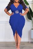 Casual Solid Patchwork Fold Asymmetrical V Neck Plus Size Dresses(Without Belt)