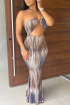 Fashion Sexy Print Bandage Hollowed Out Backless Halter Strapless Dress
