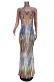 Fashion Sexy Print Bandage Hollowed Out Backless Halter Strapless Dress