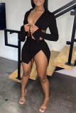 Sexy Casual Solid Bandage Slit V Neck Long Sleeve Two Pieces