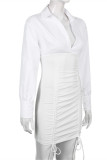 Fashion Sexy Solid Patchwork Draw String Turndown Collar Long Sleeve Dresses