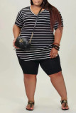 Casual Striped Print Patchwork V Neck Plus Size Two Pieces