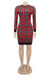 Fashion Casual Plaid Print Patchwork Backless O Neck Long Sleeve Plus Size Dresses