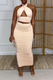 Sexy Solid Fold Halter Sleeveless Two Pieces