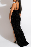 Sexy Patchwork See-through Backless Slit Spaghetti Strap Evening Dress