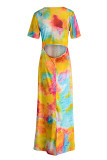 Sexy Print Tie Dye Patchwork Backless O Neck Straight Dresses
