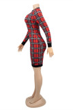 Fashion Casual Plaid Print Patchwork Backless O Neck Long Sleeve Plus Size Dresses