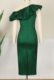 Elegant Solid Patchwork Fold Asymmetrical Oblique Collar One Step Skirt Dresses
