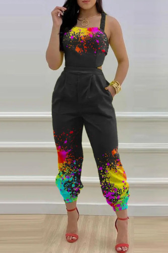 Sexy Print Patchwork Backless Regular Jumpsuits