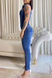 Fashion Casual Solid Ripped Patchwork Turndown Collar Skinny Jumpsuits
