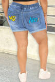 Fashion Casual Letter Ripped Regular High Waist Conventional Patchwork Plus Size Denim Shorts