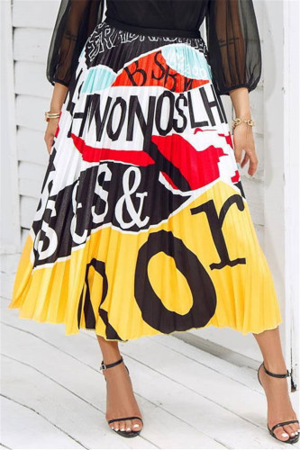 Fashion Casual Print Fold Regular High Waist Pleated Skirt