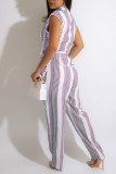 Casual Striped Print Patchwork Buckle With Belt Straight Jumpsuits