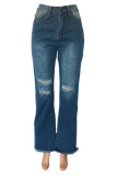 Fashion Casual Solid Ripped High Waist Regular Denim Jeans