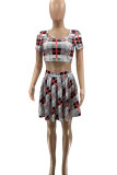 Sexy Plaid Print Patchwork O Neck Short Sleeve Two Pieces