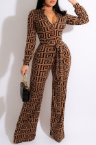 Fashion Casual Print Patchwork Zipper Collar Straight Jumpsuits