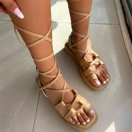 Fashion Casual Bandage Hollowed Out Patchwork Solid Color Round Comfortable Shoes