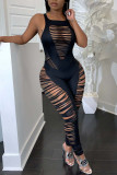 Sexy Solid Hollowed Out Patchwork O Neck Regular Jumpsuits