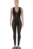 Sexy Solid Patchwork See-through Zipper V Neck Regular Jumpsuits