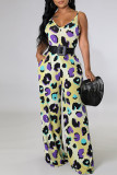 Casual Print Patchwork Spaghetti Strap Straight Jumpsuits